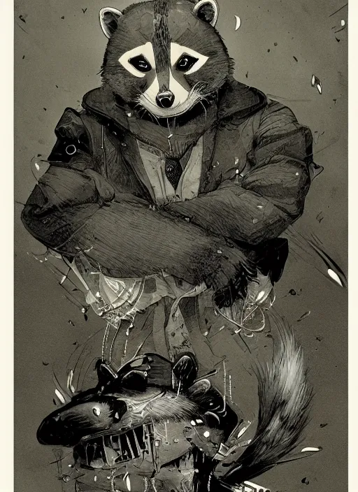 Image similar to a dramatic illustration portrait of an anthropomorphic raccoon mob boss, by posuka demizu, by stephen gammell, by victo ngai, by george ault, in the style of animal crossing, artstation