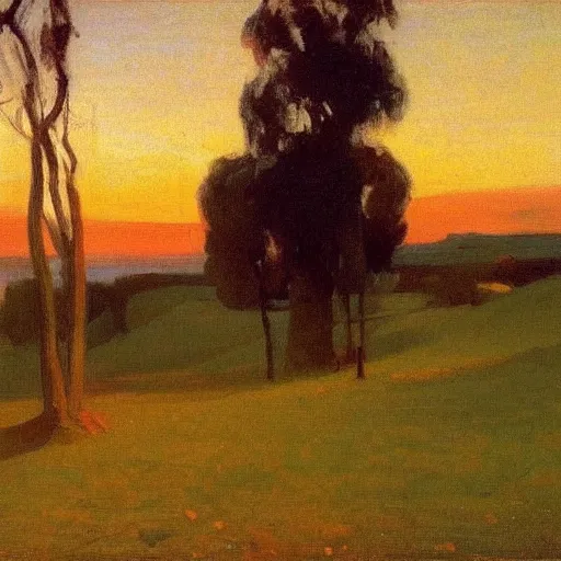 Prompt: a beautiful sunset landscape, oil on canvas by Ilya Repin, Edward Hopper