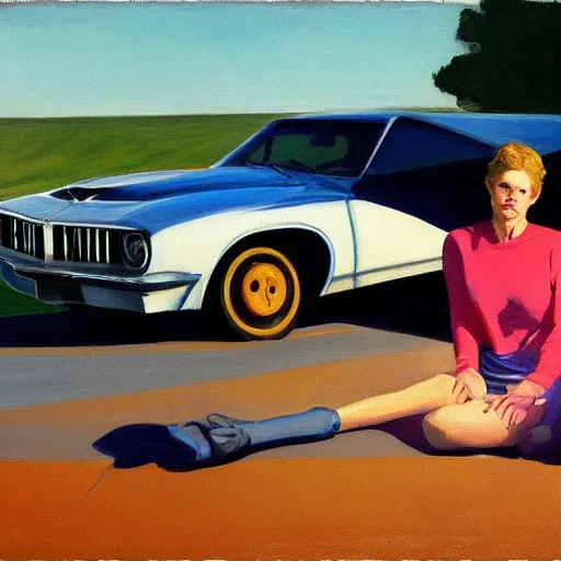 Image similar to Character portrait with car, dated a woman that lived on Cooterneck Road, She had a catfish Camero and was cooler than me, by Edward Hopper, Bo Bartlett, and Cynthia Sheppard, Artstation