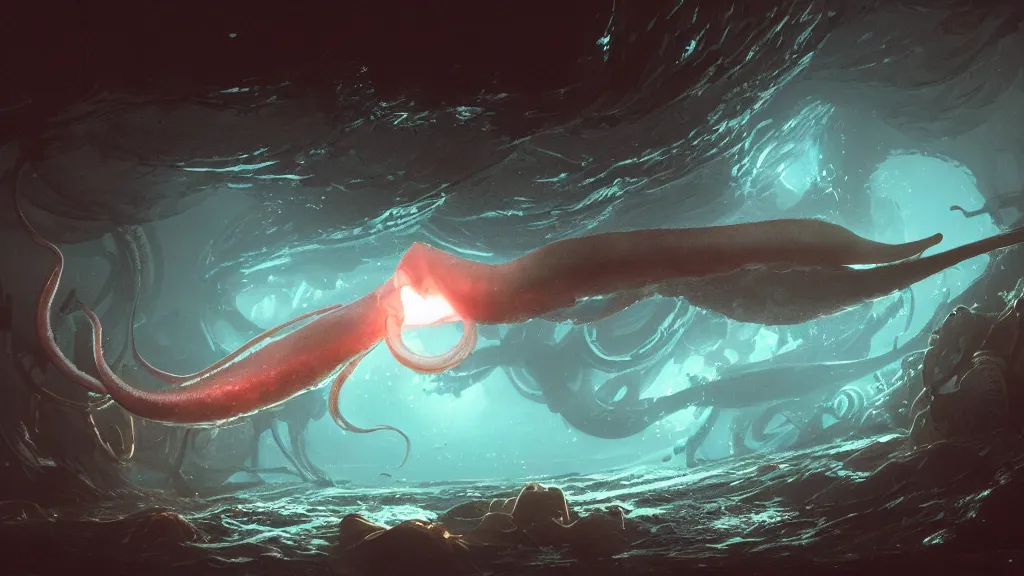 Image similar to a photorealistic hyperrealistic underwater render of a giant squid attacks a deep sea submersible with bright headlights by greg rutkowski, james paick, wlop, nicolas bouvier sparth, stephan martiniere, dramatic moody lighting, underwater caustics, volumetric, light rays, cinematic atmosphere, octane render, artstation, 8 k