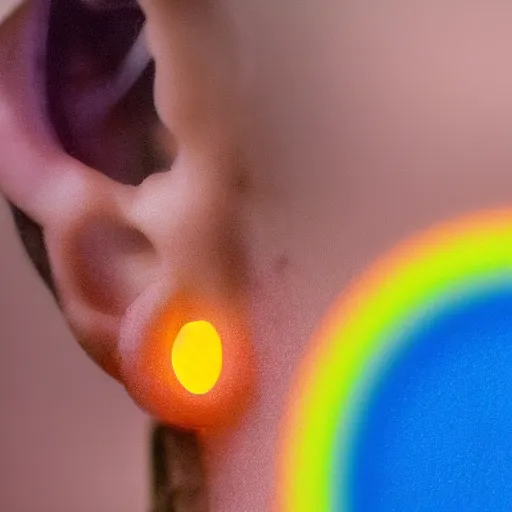 Prompt: an orbeez glowing inside a person's ear, macro detail in the style of dana schutz