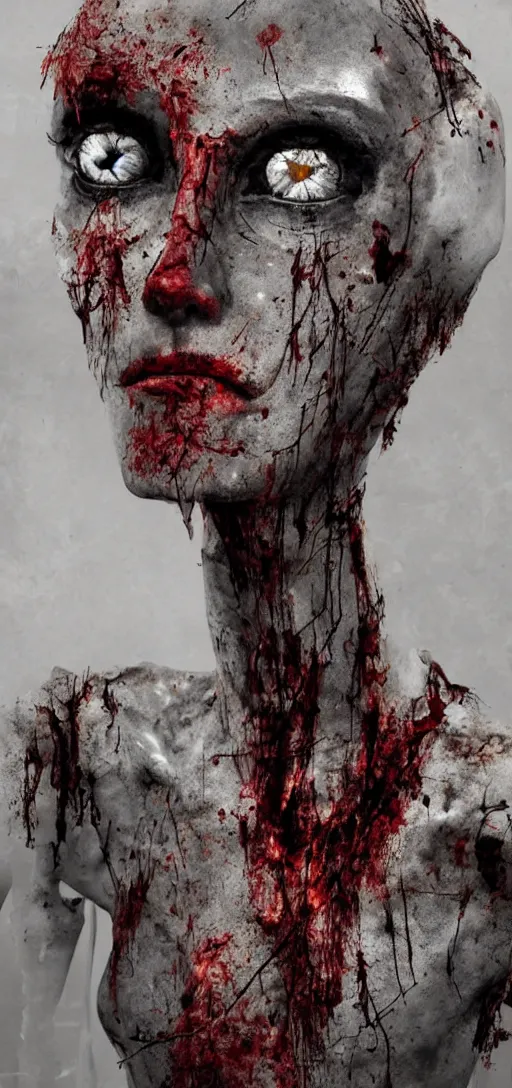 Image similar to old rotting mannequin staring at center of screen with wide bloodshot eyes, horror art, body horror, disturbing, intense, artstation, dramatic, scary, 4K, realistic,