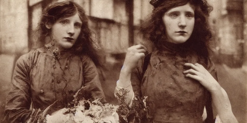 Image similar to a young red haired woman with freckles looks deeply into the camera, 1920's london street, art nouveau, style of Joel Meyerowitz, gustav klimpt, painterly