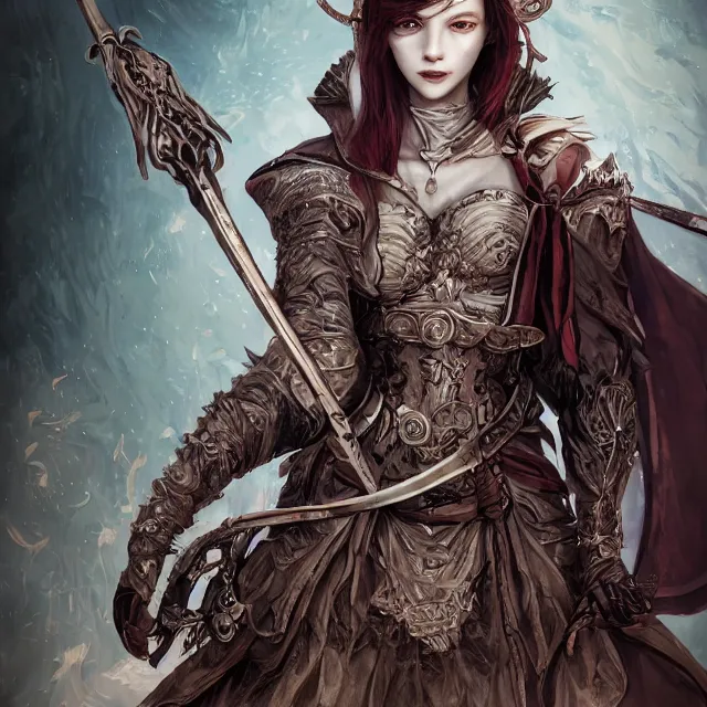 Image similar to the portrait of neutral evil fallen female knight vagabond as absurdly beautiful, conniving, elegant, sophisticated, woman, an ultrafine hyperdetailed illustration by kim jung gi, irakli nadar, intricate linework, bright colors, octopath traveler, final fantasy, unreal engine 5 highly rendered, global illumination, radiant light, detailed and intricate environment