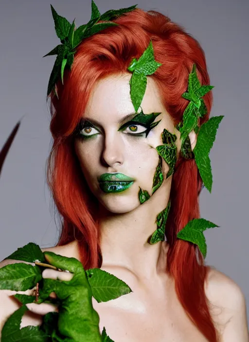 Image similar to a beautiful portrait of young flavia lucini as poison ivy from batman as a versace fashion model spring / summer 2 0 1 2, highly detailed, in the style of cinematic, getty images, milan fashion week backstage, makeup by pat mcgrath, greg rutkowski