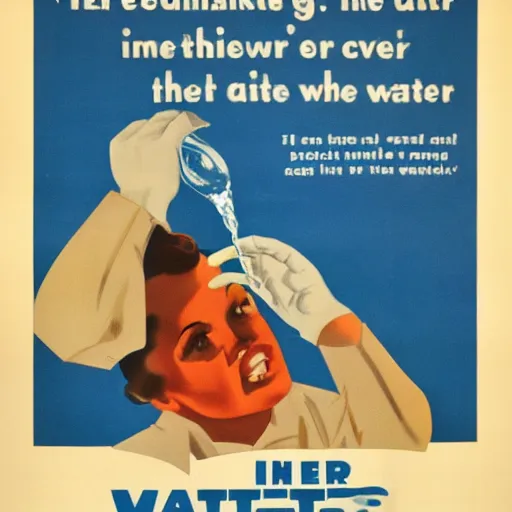 Prompt: 1950 American propaganda poster warning the danger of drinking water,