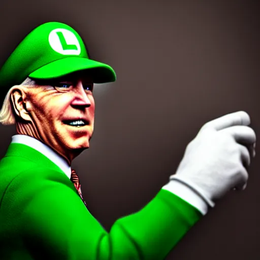 Prompt: uhd candid photo of hyperdetailed joe biden dressed as luigi. correct face, cinematic lighting, photo by annie leibowitz, and steve mccurry.