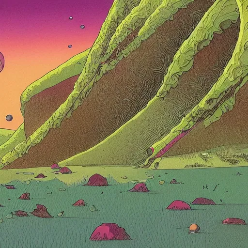 Image similar to illustration of a lush natural scene on an alien planet by moebius. detailed. beautiful landscape. colourful weird vegetation. cliffs and water.