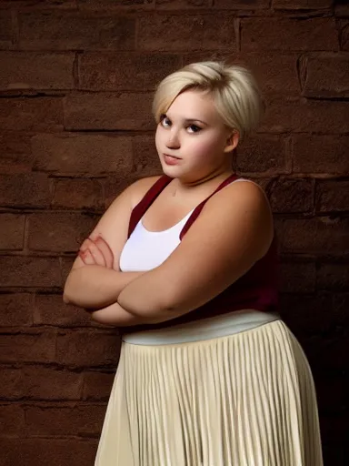 Prompt: a high resolution photo of a cute, plump, chubby, blond, teenage model with short hair wearing a pleated skirt.