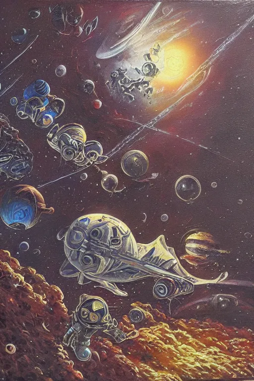 Image similar to space horror by jack vance, mike mignogna, highly detailed, vintage dark sci fi, oil painting