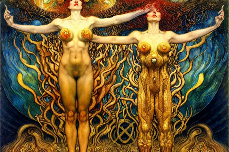 Image similar to Divine Chaos Engine by Karol Bak, Jean Delville, William Blake, Gustav Klimt, and Vincent Van Gogh, symbolist, visionary