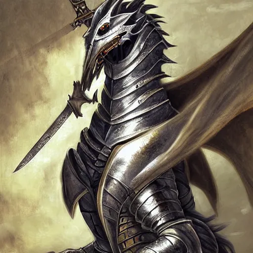 Prompt: anthro silver dragon wearing a medieval armor, holding a sword, digital art, fantasy art, matte painting, renaissance painting