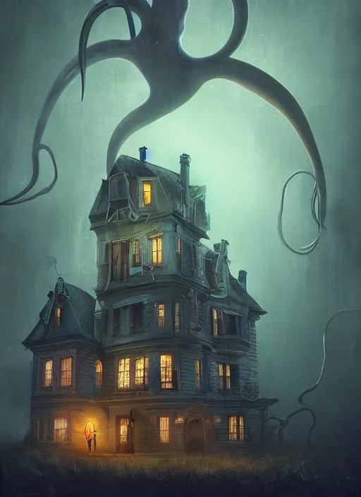 Prompt: giant squid destroying a glowing mansion in burning vapor dramatic lighting, artstation, matte painting, alexander jansson, allen williams, anton semenov