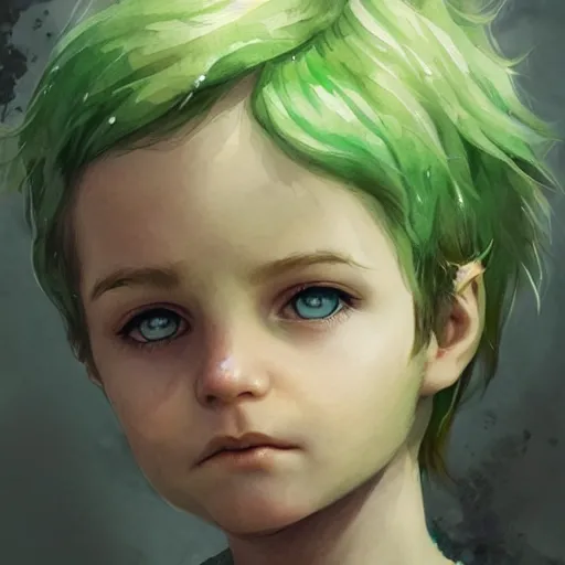 Image similar to child, young boy, green hair, short hair, happy, intricate, ethereal, highly detailed, sharp focus, artstation, watercolor, by charlie bowater and ross tran