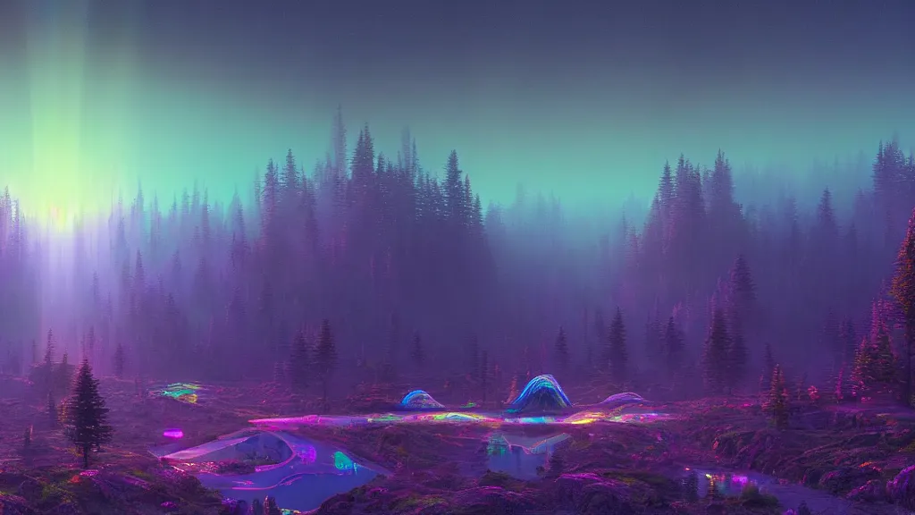 Prompt: highly detailed holographic iridescent glowing ethereal sci fi world with forests, mountains, fog at dusk, by gilbert williams, by simon stalenhag, by beeple, by bruce pennington, by moebius, octane render, with many different pastel shades of blue purple pink orange yellow green, beautiful prismatic volumetric lighting