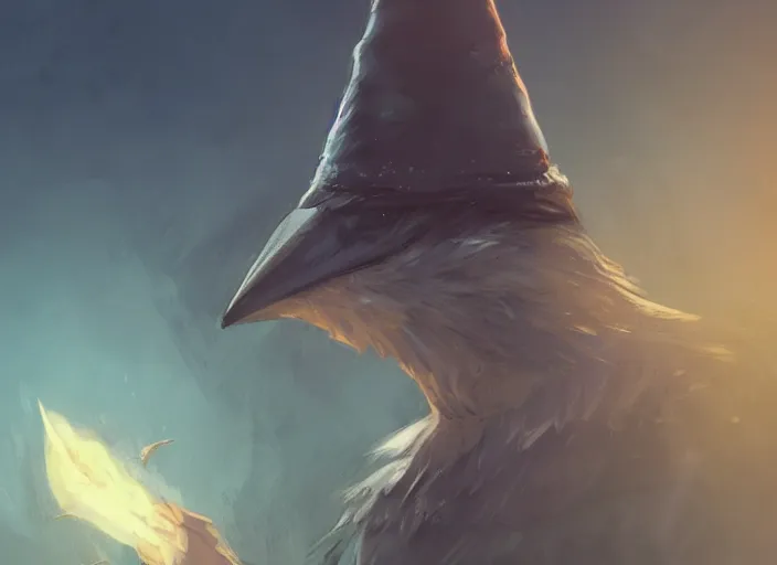 Prompt: a bird wearing a wizard hat, D&D, fantasy, cinematic lighting, highly detailed, artstation, concept art, smooth, sharp focus, illustration, warm light, cozy warm tint, magic the gathering artwork, volumetric lighting, 8k, no gold, no gold colours, art by Akihiko Yoshida, Greg Rutkowski