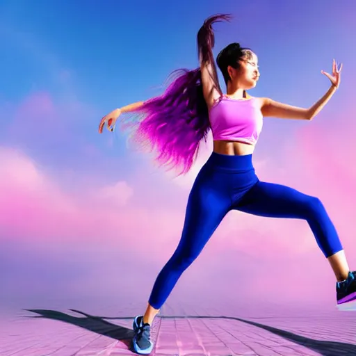 Prompt: a award winning half body shot of a beautiful woman in a croptop and leggings with a ombre purple pink teal hairstyle with head in motion and hair flying, outrun, vaporware, highly detailed, fine detail, intricate