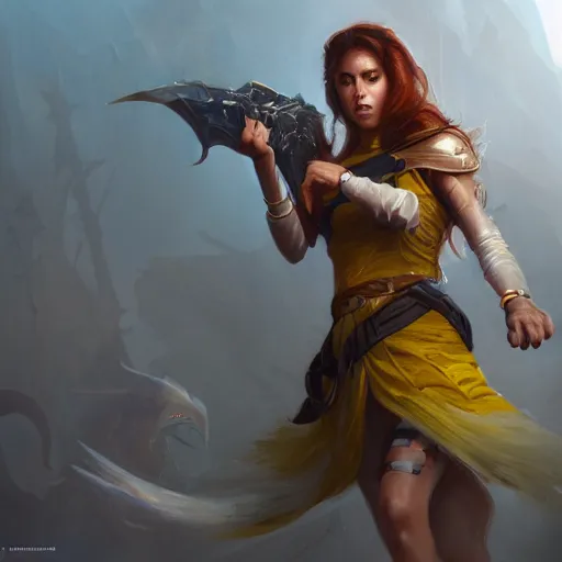 Image similar to a female Kender wearing a yellow jacked aiming her hoopak towards the viewer, oil painting, insanely detailed, Larry Elmore, Greg Rutkowski, Charlie Bowater, Fantasy Art, Dungeons and Dragons, Dragonlance Illustration, unreal 5, DAZ, hyperrealistic, octane render, RPG portrait, dynamic lighting, fantasy art, beautiful face