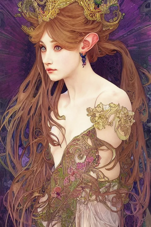 Prompt: beautiful female elf royalty, digital art, 8k, character, realistic, portrait, photorealism, japan watercolour, masterpiece art, alphonse mucha