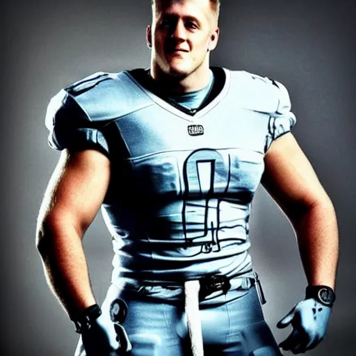 Image similar to “a realistic detailed photo of a guy who is an attractive humanoid who is half robot and half humanoid, who is a male android, football player JJ Watt, shiny skin, posing like a statue, blank stare”