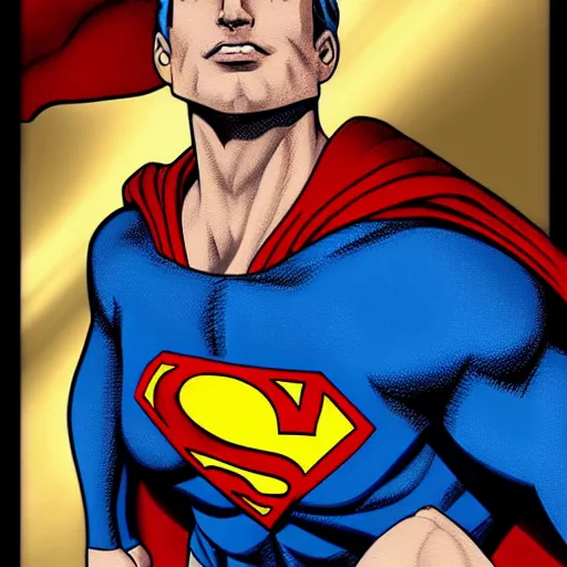 Image similar to hyper realistic portrait of superman with blonde two sides hair and thin face lines, his cape is the american flag