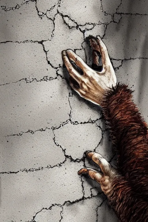 Image similar to giant crack hole on the brick concrete wall, hand coming from inside the crack reaching towards camera hand is holding a dirty ealistic teddybear. gloomy, intricate, elegant, highly detailed, digital painting, artstation, concept art, addiction, chains, smooth, sharp focus, illustration, art by ilja repin