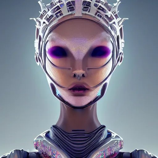 Image similar to alien princess, style of Feng Zhu, Artstation geometric, symmetrical, intricate crown, high fashion, streetwear, cyberpunk, detailed, octane render, cinematic, 8k,