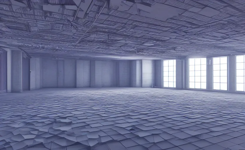 Image similar to empty room, big open floor, large colourful 3 d shapes, unreal engine and v - ray render.