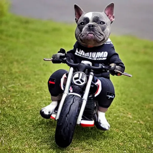 Image similar to Gray American Bully Dog riding a motorcycle wearing Lewis Hamilton Mercedes Petronas merchandise