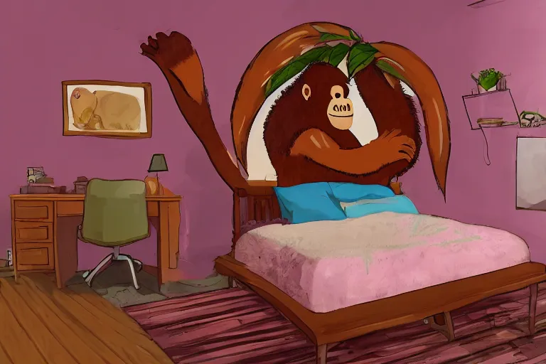 Prompt: lofi girl bedroom, lofi girl is an orangutan