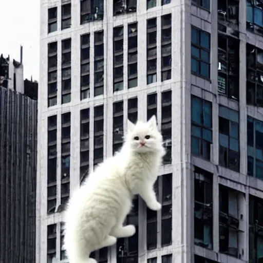 Prompt: an enormous adorable fluffy white kitten playfully destroying skyscrapers in Manhattan