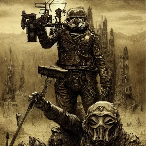 Prompt: Stoned steampunk stormtrooper shoot at drunk mad mushroom-werewolf by Gustave Doré, Greg Rutkowski, Zdzisław Beksiński