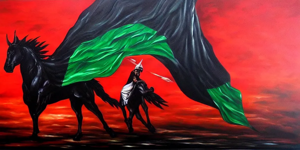 Image similar to dramatic epic dark oil painting of freedom for palestine, red green white black