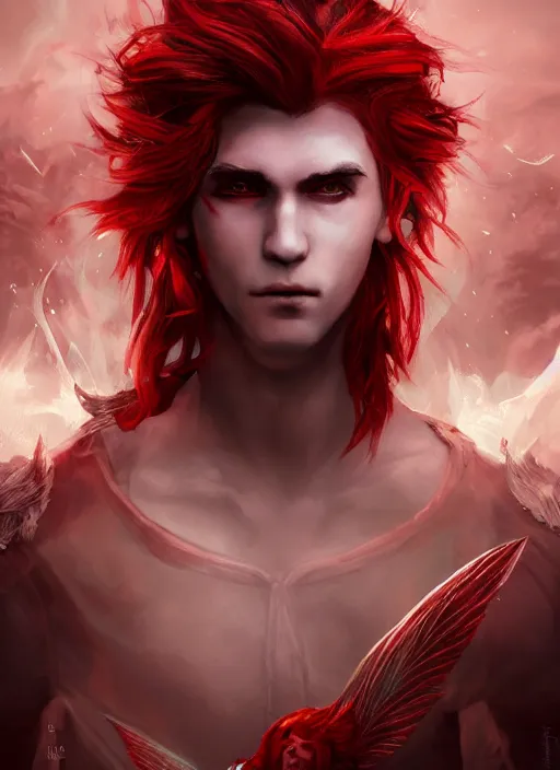 Image similar to An epic fantasy comic book style portrait painting of a young fairy boy with red wings, pointy red hair, white glowing eyes, red long hair red coat. Unreal 5, DAZ, hyperrealistic, octane render, cosplay, RPG portrait, dynamic lighting