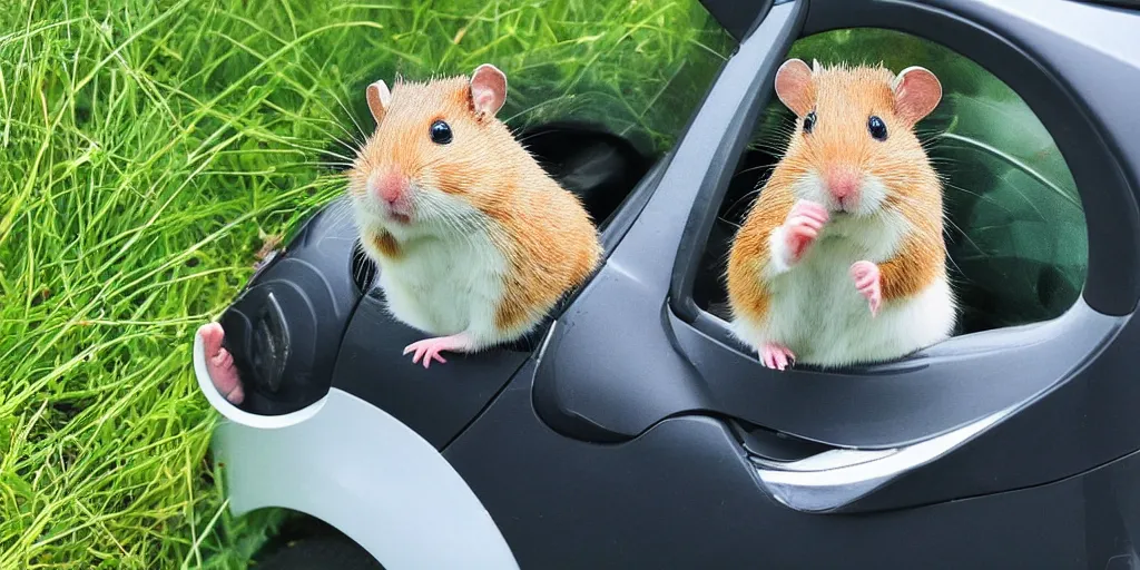 Prompt: a hamster in the prairie happy to ride an electric car