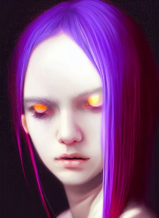 Image similar to hair whitebangs hair, black hair, whitebangs, portrait of teenage girl with white bangs, red irises, purple clothes, white bangs, bangs are different color from hair, intricate, elegant, glowing lights, highly detailed, digital painting, artstation, concept art, smooth, sharp focus, illustration, art by wlop, mars ravelo and greg rutkowski