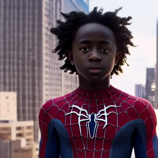 Prompt: Caleb McLaughlin as miles morales spiderman, 8k, super realistic, cinematic cinematography, marvel movie,