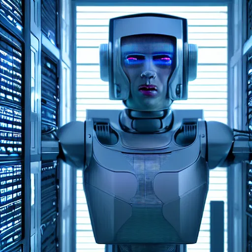 Prompt: hyperrealism stock photo of highly detailed stylish humanoid robot in sci - fi cyberpunk style by gragory crewdson and vincent di fate that working in the highly detailed data center by mike winkelmann and laurie greasley rendered in blender and octane render