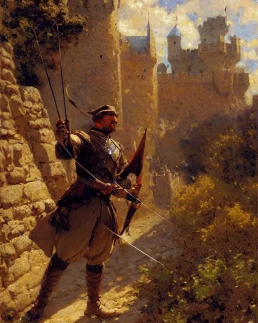 Image similar to attractive crossbowman watches an army approach, he is on a castle wall, painting by gaston bussiere, craig mullins, j. c. leyendecker