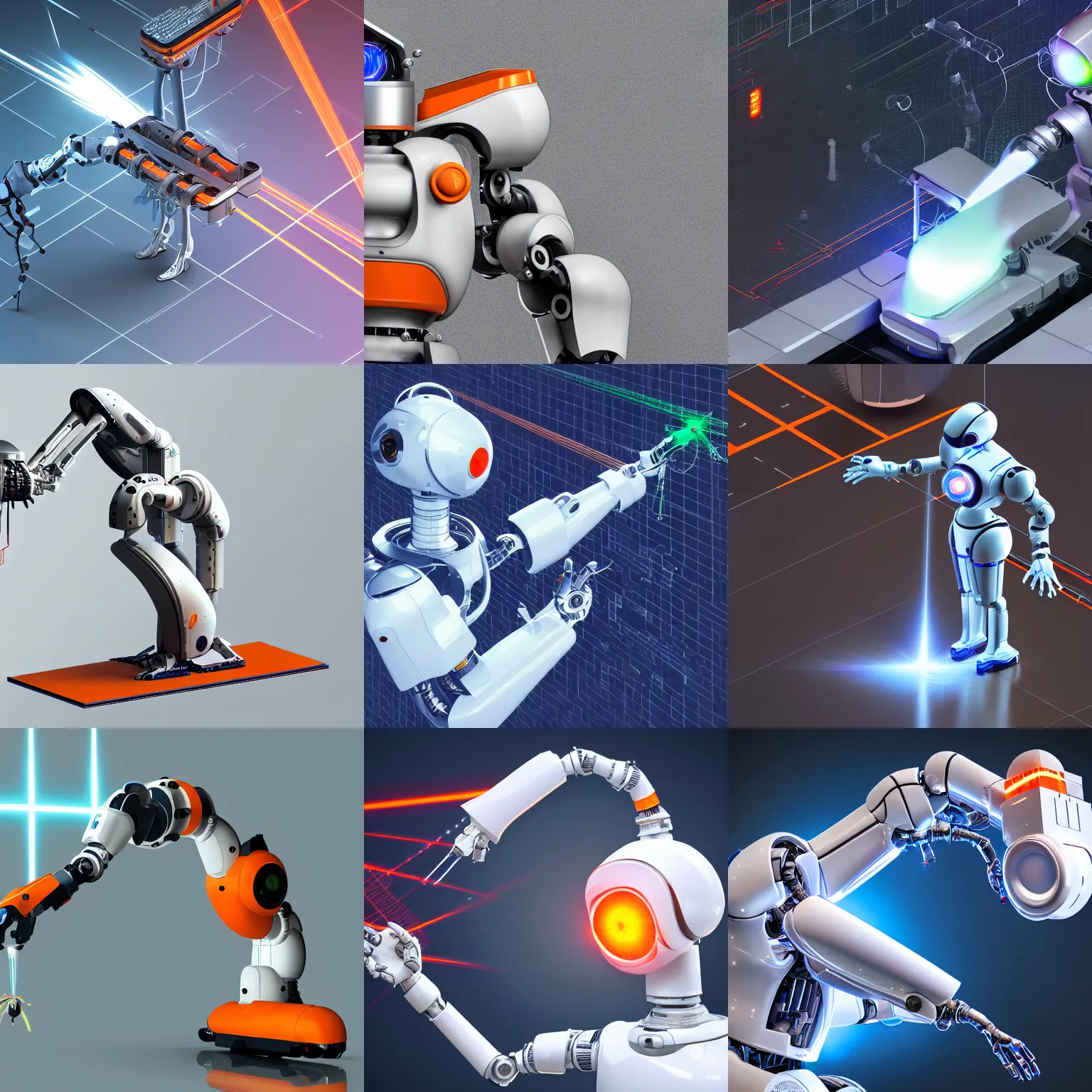 Prompt: Very detailed isometric, photo realistic render of an intricate futuristic industrial robot with a laser beam on a mechanical arm extracting energy from a portal; the robot is white and glossy, some parts are of reflective polished metal, few orange contrast color details; the shapes of the robot are smooth and graceful; white background, 8k, trending