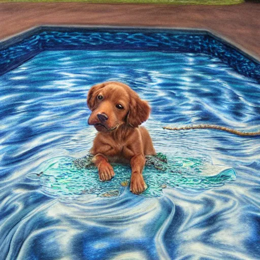 Image similar to intricate five star dog playing in the water by monica lee, colored pencil on paper, high detail, skin texture, photo realistic, hyperrealism, matte finish, high contrast, 3 d depth, masterpiece, vivid colors, artstationhd