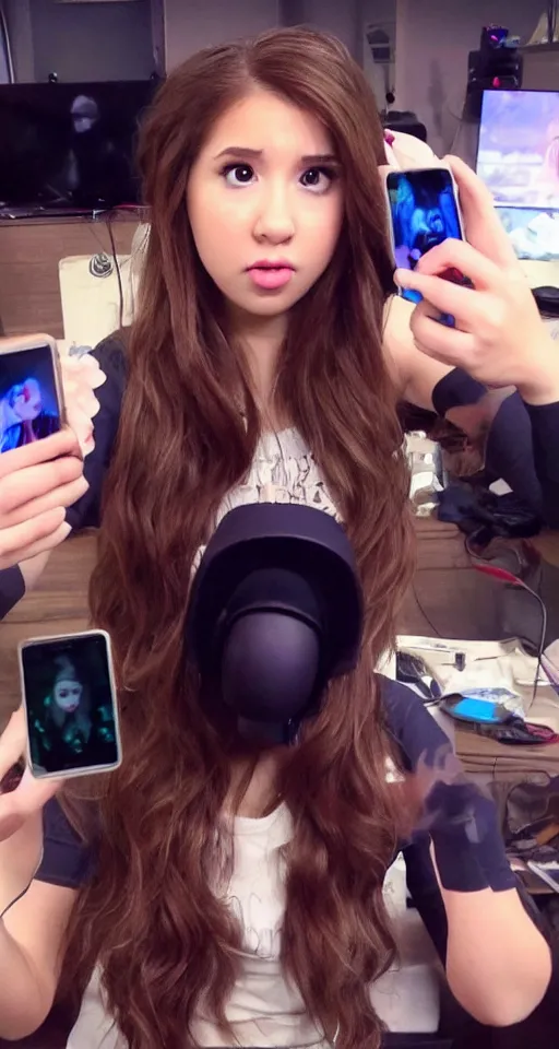 Prompt: pokimane is streaming, but there is a ghost behind her and she does not realize