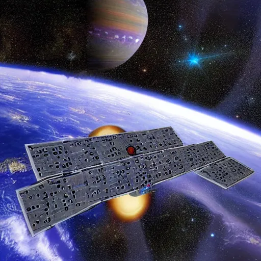 Prompt: babylon 5 station in space against the background of a large number of beautiful stars and the planet earth