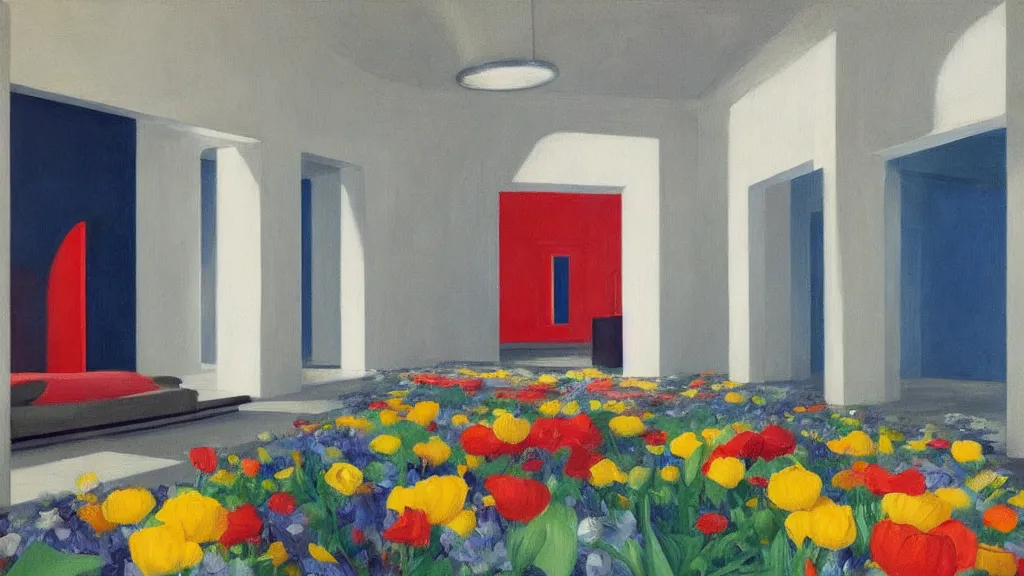 Image similar to colorful minimalist industrial interior hallway with monolithic pillars in the style of ridley scott and stanley kubrick, impossible stijl architecture, bed of flowers on floor, ultra wide angle view, realistic detailed painting by edward hopper