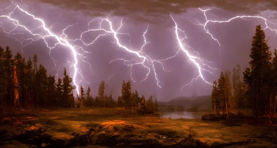 Image similar to red glow, windy, by eugene von guerard, ivan shishkin, night, lightning!!, storm!, dramatic lighting, concept art, trending on artstation, 8 k