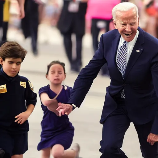 Prompt: award winning photograph of a child running away from Joe Biden, soft focus