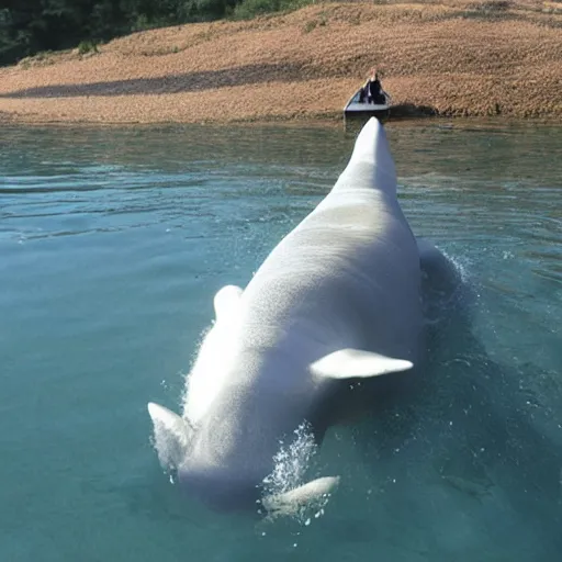 Image similar to lou bega riding a beluga, photograph