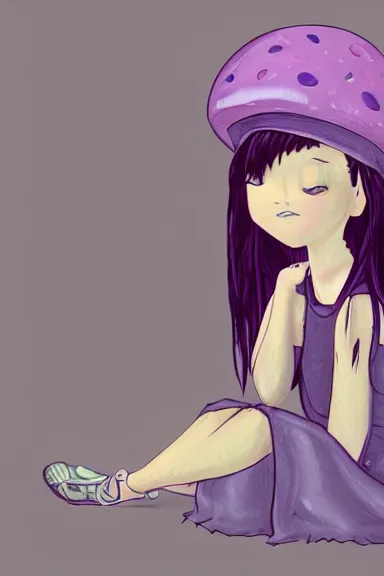 Image similar to a little girl wearing a mushroom hat in dress sitting | | purple hair, pretty face, fine details, digial art by lois van baarle, anatomically correct, perfect composition, symmetrical, fantastic, clean details, anime character