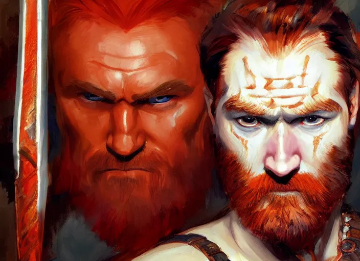 Image similar to a highly detailed beautiful portrait of conan o'brien as kratos, by gregory manchess, james gurney, james jean