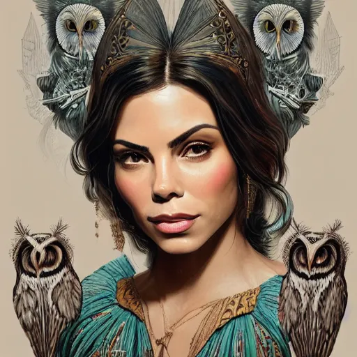 Prompt: a portrait jenna dewan as the goddess minerva surrounded by stacks of books, and owls, bioluminescent gown with deep level of detail of esoteric symbols, urban motifs, intricate, elegant, highly detailed, digital painting, trending on artstation, concept art, smooth sharp focus, illustration, art by artgerm and greg rutkowski